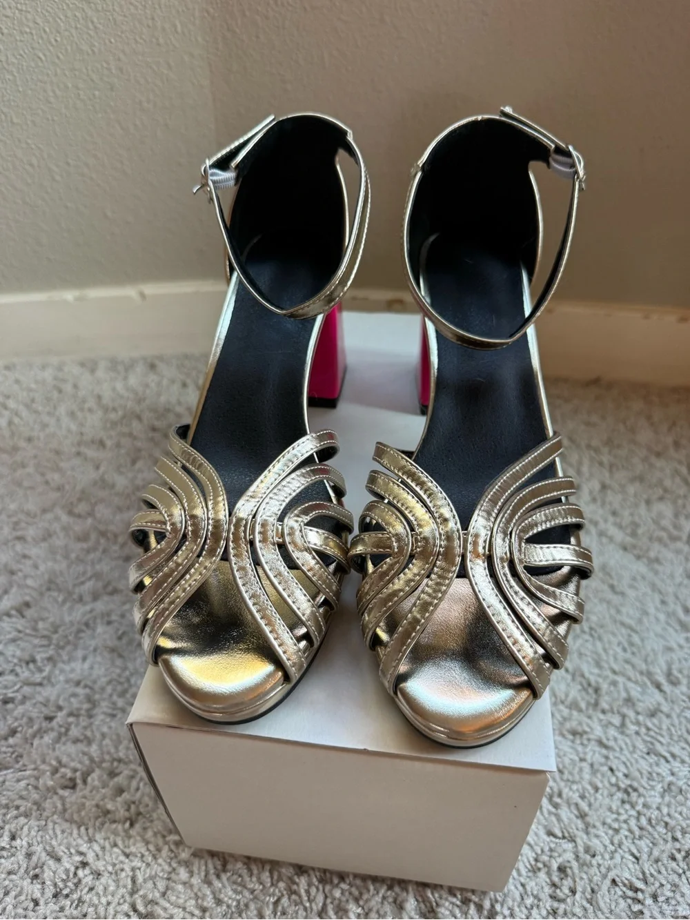Metallic Gold Strappy Heels with Pink Block Heel - Women